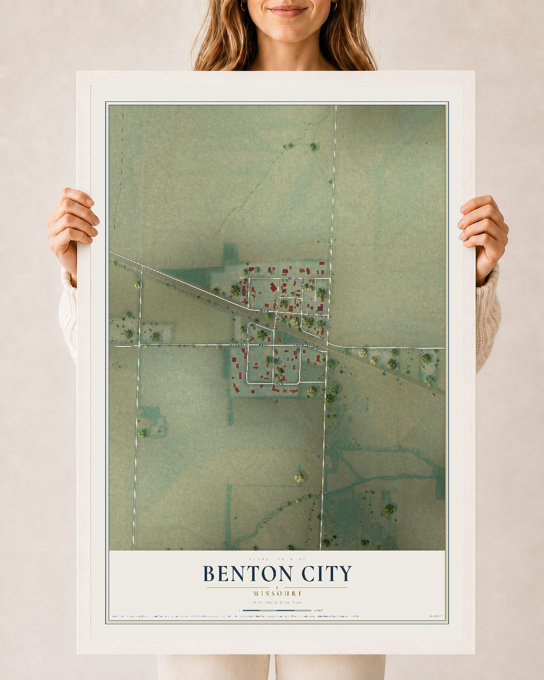 Map of Benton City, Missouri, 24 x 36 inch print in a white wood frame