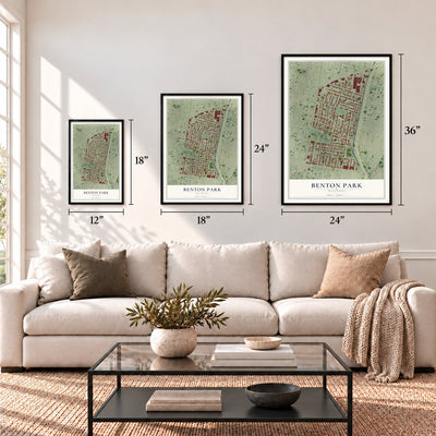 Benton Park, Missouri map in 12 x 18, 18 x 24 and 24 x 36 inch sizes above a sofa
