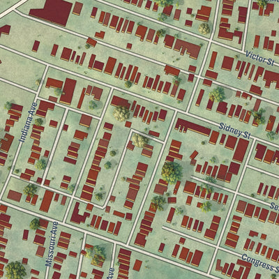 Close-up of the map of Benton Park, Missouri print showing street and building detail