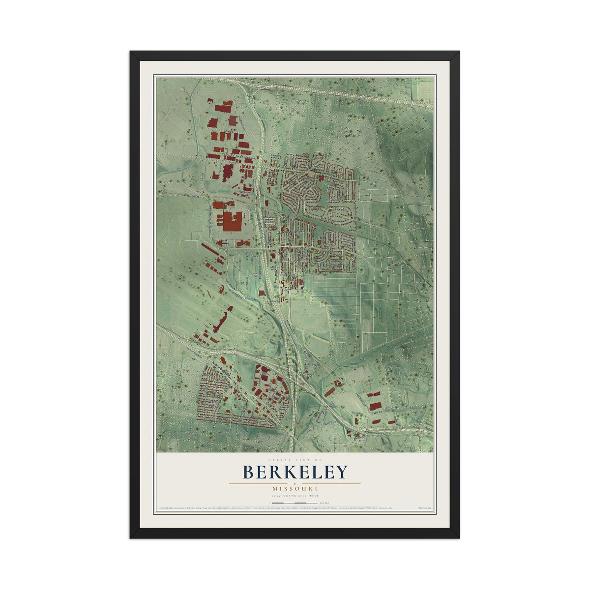 Map of Berkeley, Missouri, 12 x 18 inch print in a black wood frame