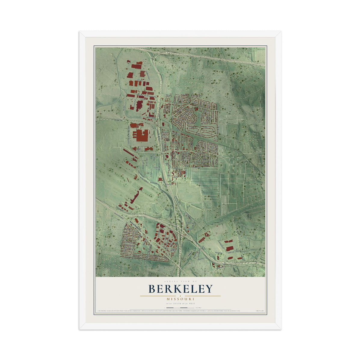 Map of Berkeley, Missouri, 12 x 18 inch print in a white wood frame