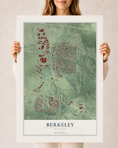 Map of Berkeley, Missouri, 24 x 36 inch print in a white wood frame