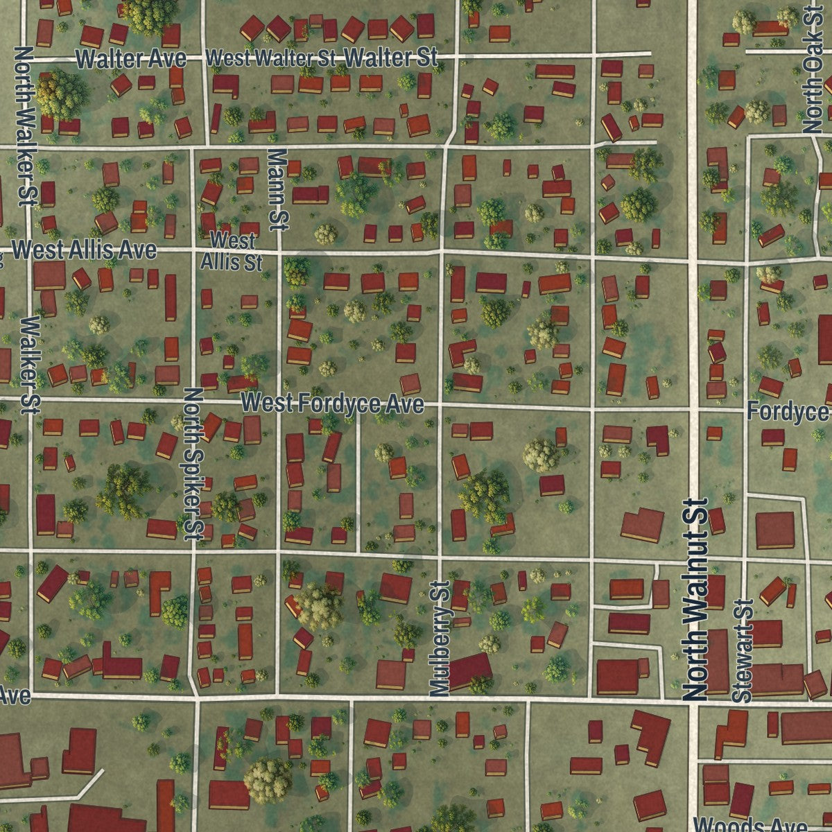 Close-up of the map of Bernie, Missouri print showing street and building detail