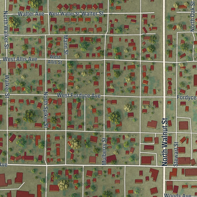 Close-up of the map of Bernie, Missouri print showing street and building detail