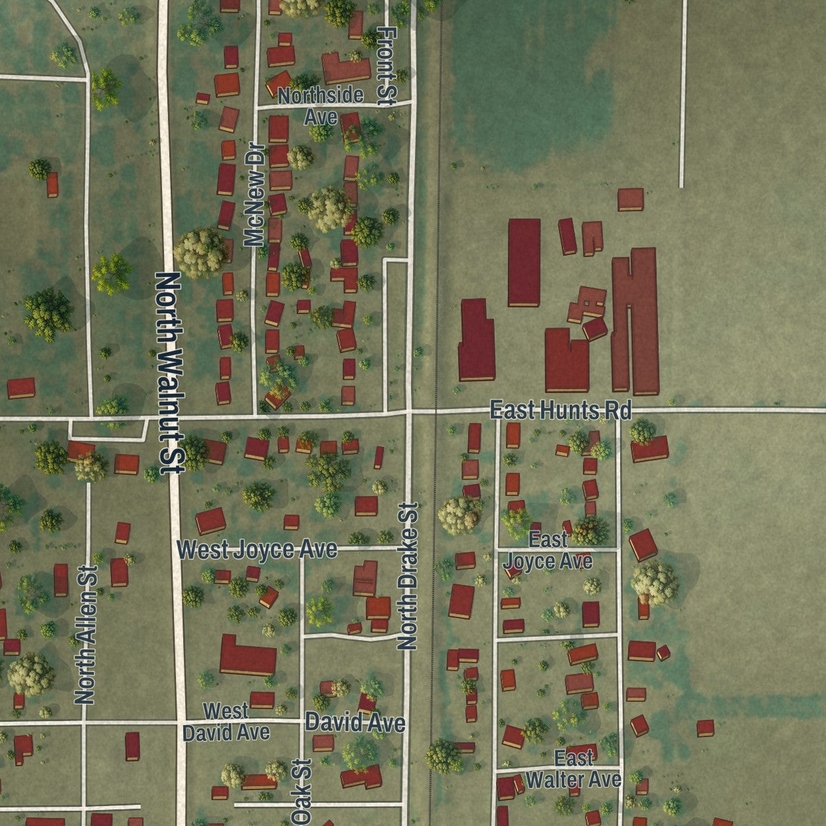 Second close-up of the map of Bernie, Missouri print showing more streets and buildings
