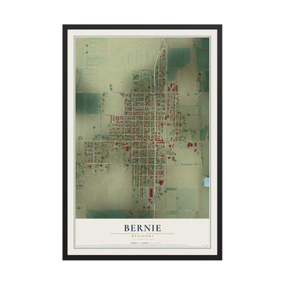 Map of Bernie, Missouri, 12 x 18 inch print in a black wood frame