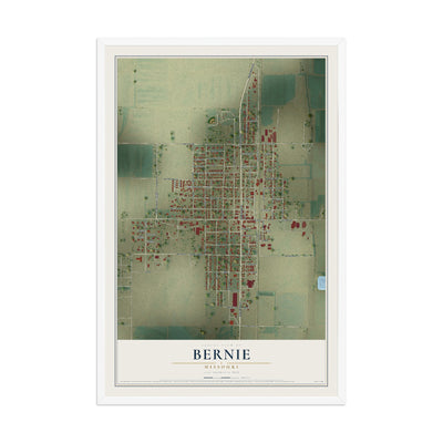 Map of Bernie, Missouri, 12 x 18 inch print in a white wood frame