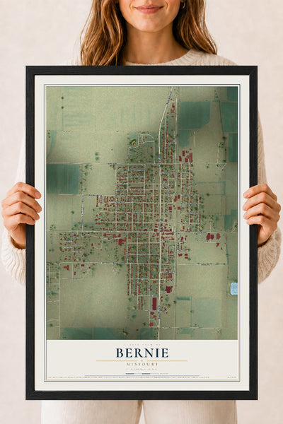 Map of Bernie, Missouri, 18 x 24 inch print in a black wood frame