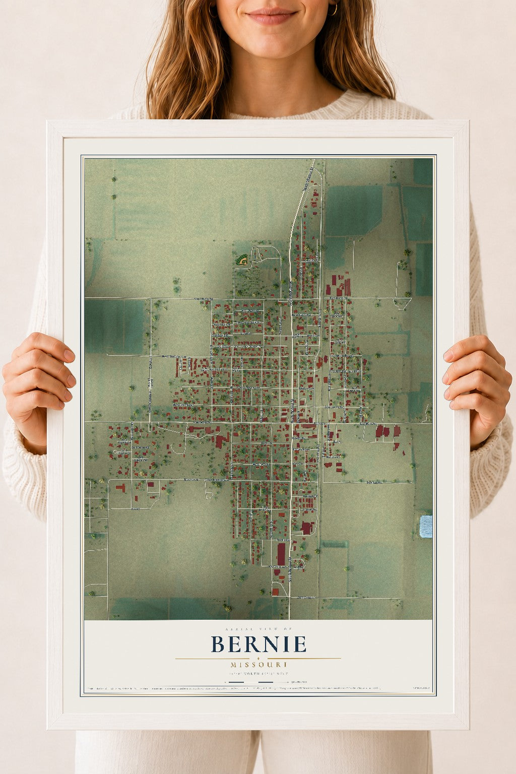 Map of Bernie, Missouri, 18 x 24 inch print in a white wood frame