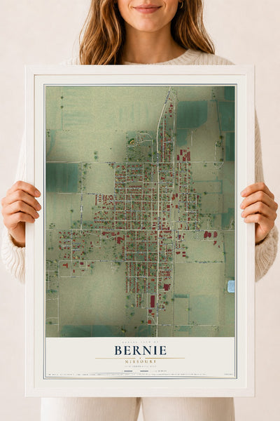 Map of Bernie, Missouri, 18 x 24 inch print in a white wood frame