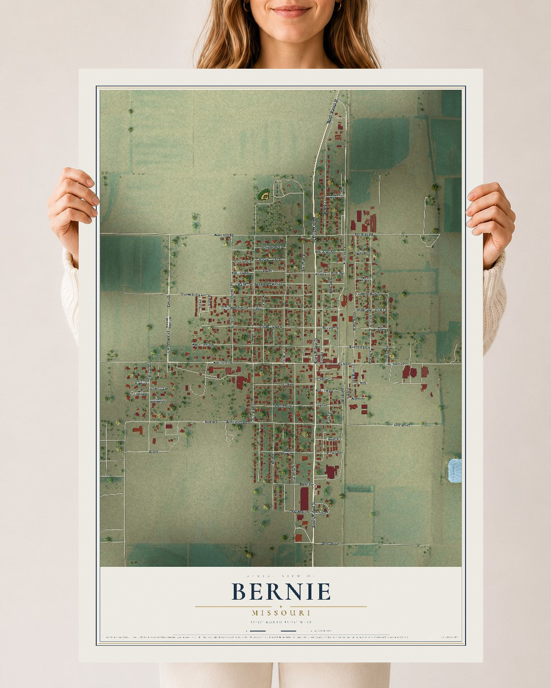 Map of Bernie, Missouri, 24 x 36 inch unframed archival matte print