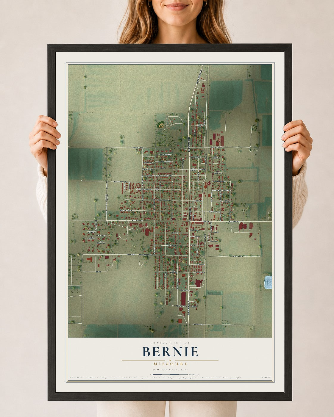 Map of Bernie, Missouri, 24 x 36 inch print in a black wood frame
