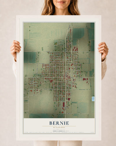 Map of Bernie, Missouri, 24 x 36 inch print in a white wood frame