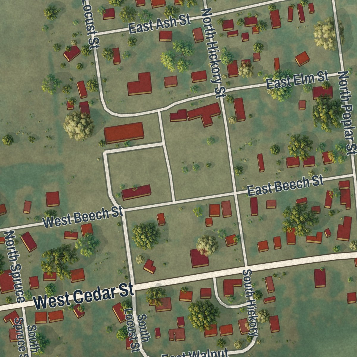 Close-up of the map of Bertrand, Missouri print showing street and building detail