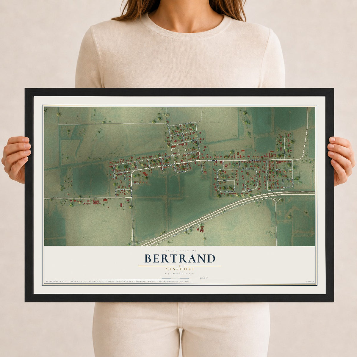 Map of Bertrand, Missouri, 12 x 18 inch print in a black wood frame