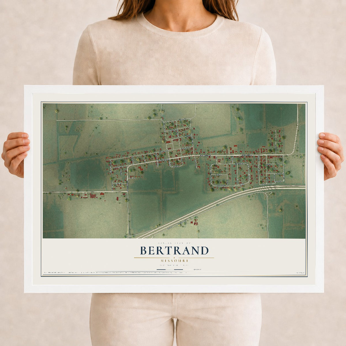 Map of Bertrand, Missouri, 12 x 18 inch print in a white wood frame