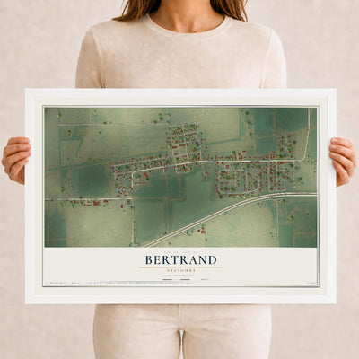 Map of Bertrand, Missouri, 12 x 18 inch print in a white wood frame