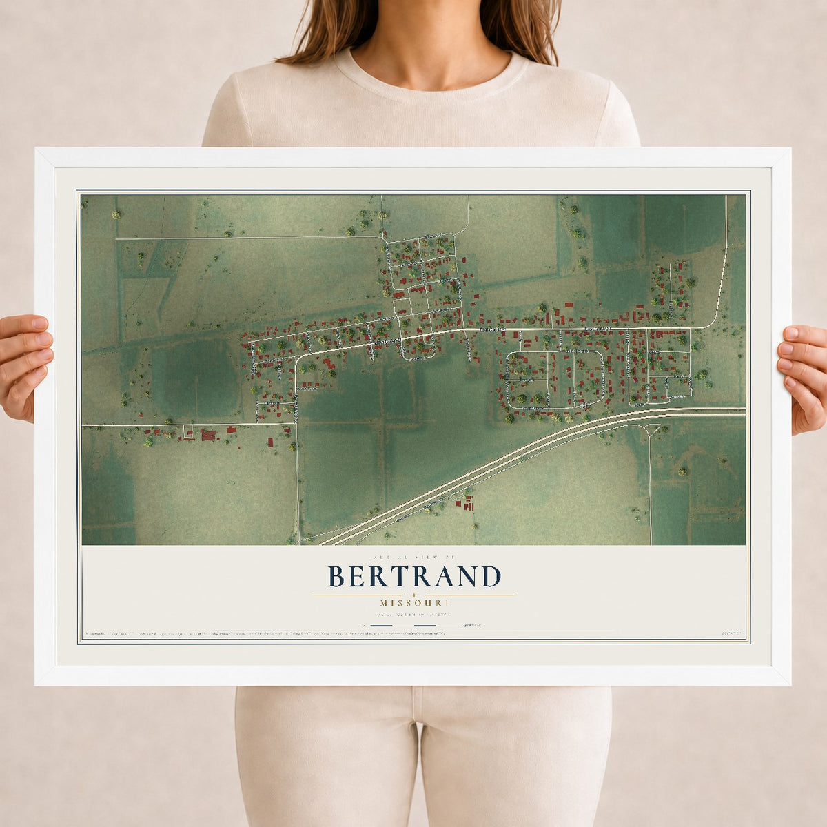 Map of Bertrand, Missouri, 18 x 24 inch print in a white wood frame