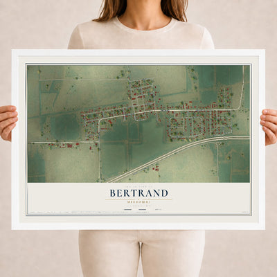 Map of Bertrand, Missouri, 18 x 24 inch print in a white wood frame