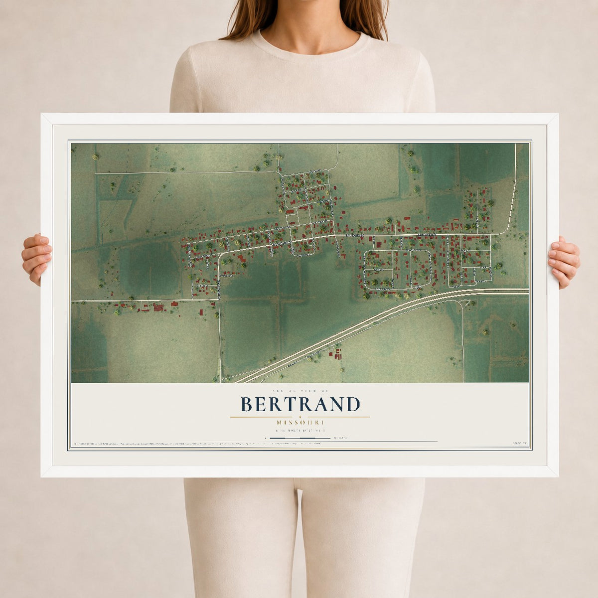 Map of Bertrand, Missouri, 24 x 36 inch print in a white wood frame
