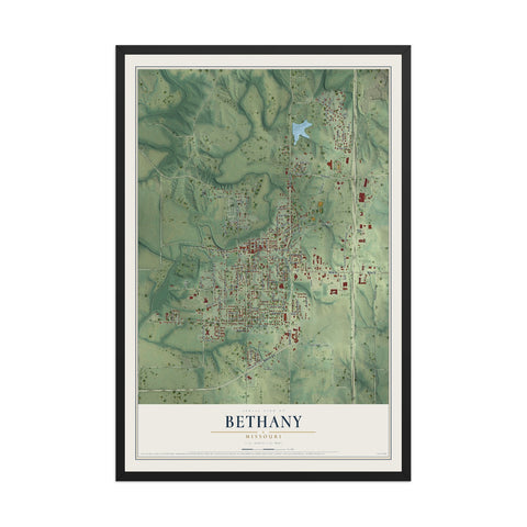 Map of Bethany, Missouri, 12 x 18 inch print in a black wood frame