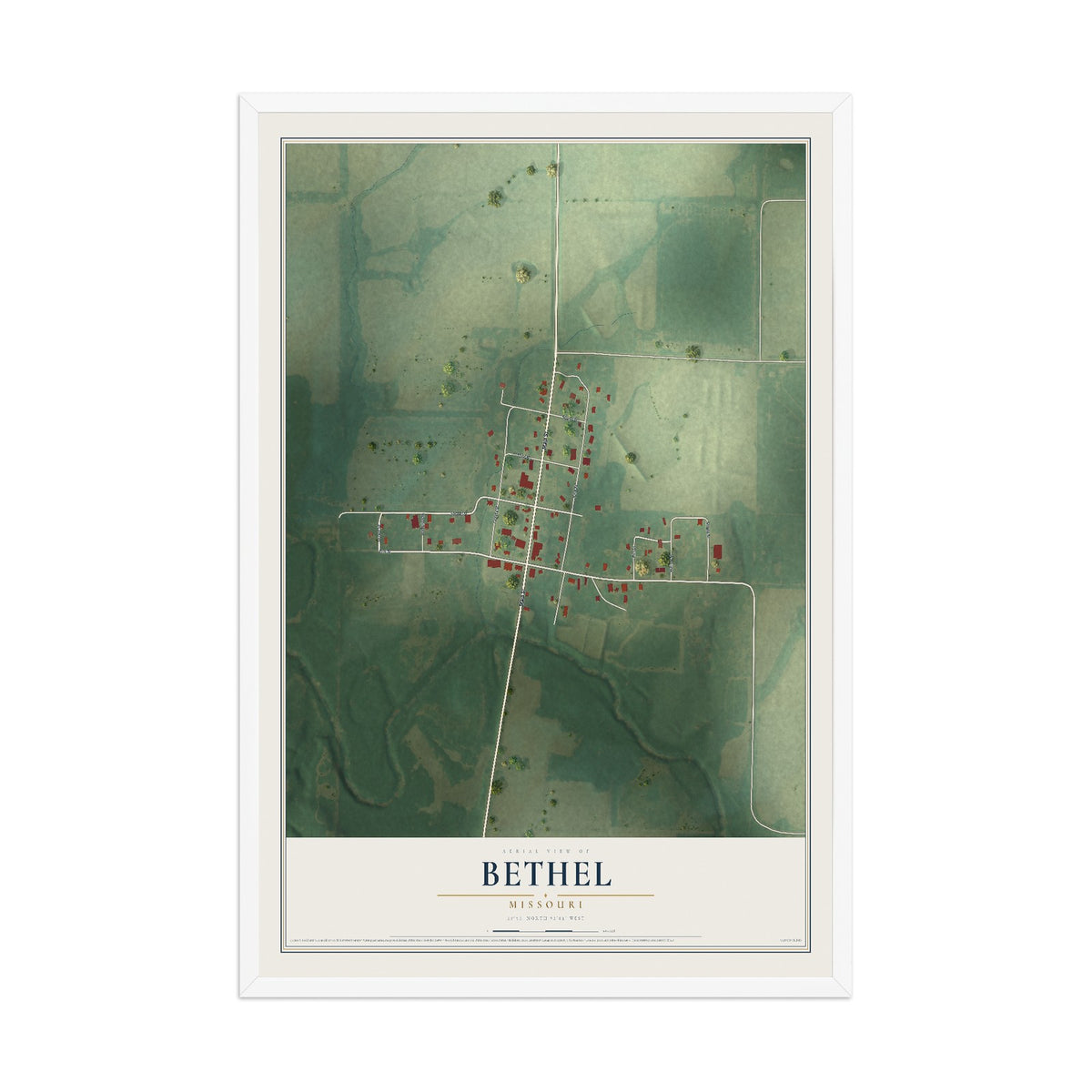 Map of Bethel, Missouri, 12 x 18 inch print in a white wood frame