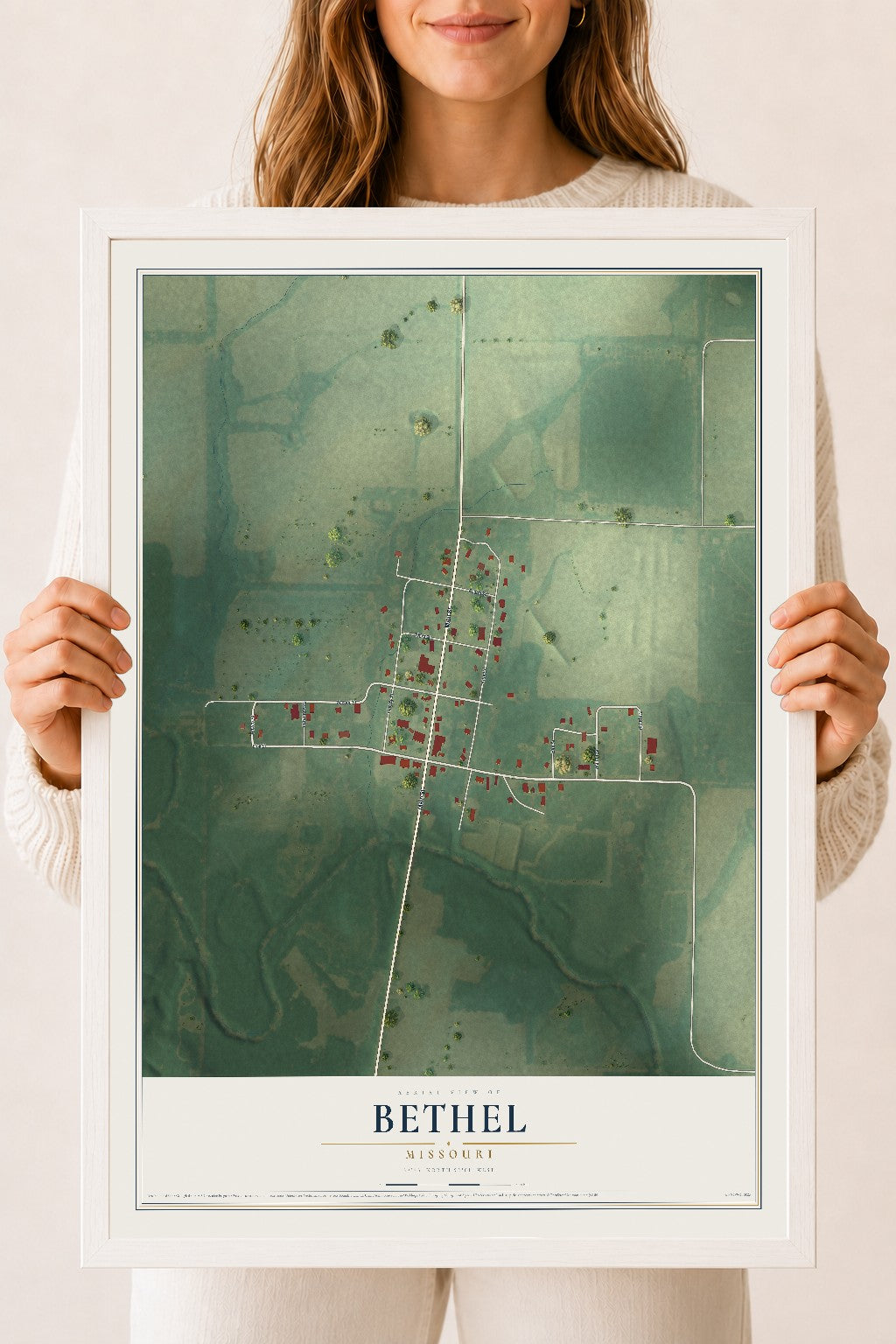 Map of Bethel, Missouri, 18 x 24 inch print in a white wood frame