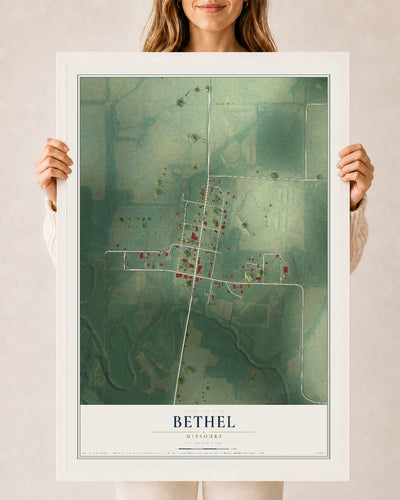 Map of Bethel, Missouri, 24 x 36 inch print in a white wood frame
