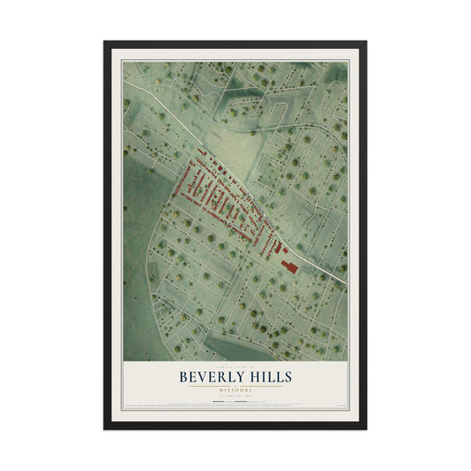 Map of Beverly Hills, Missouri, 12 x 18 inch print in a black wood frame