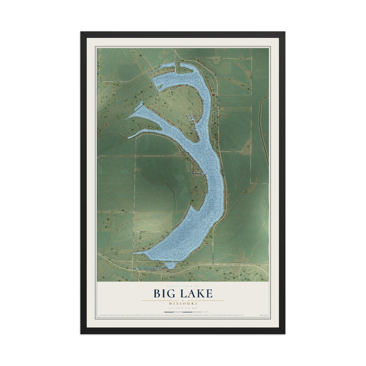 Map of Big Lake, Missouri, 12 x 18 inch print in a black wood frame