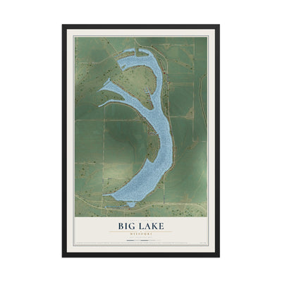 Map of Big Lake, Missouri, 12 x 18 inch print in a black wood frame