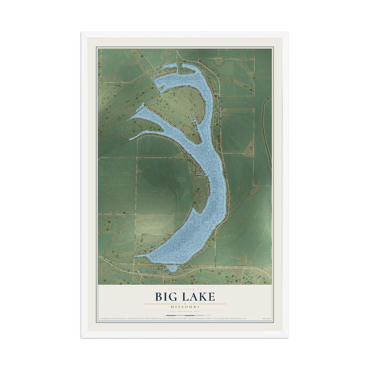 Map of Big Lake, Missouri, 12 x 18 inch print in a white wood frame