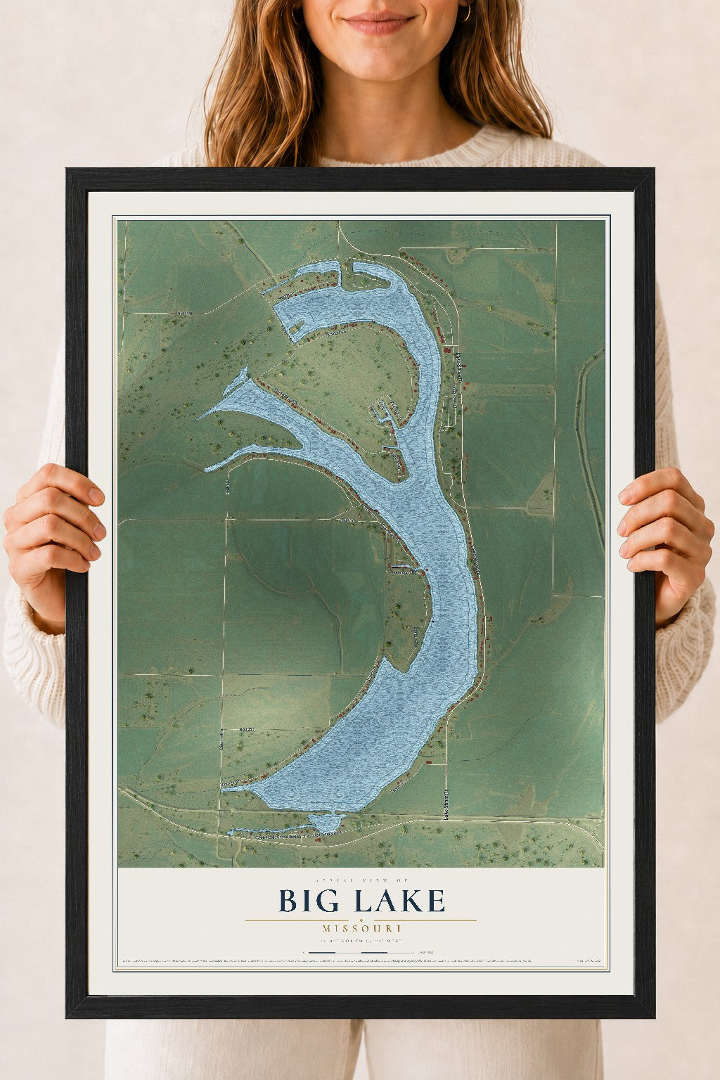 Map of Big Lake, Missouri, 18 x 24 inch print in a black wood frame