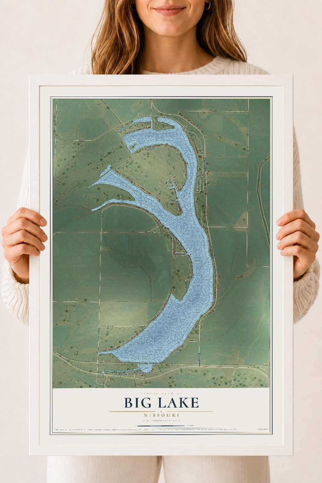 Map of Big Lake, Missouri, 18 x 24 inch print in a white wood frame