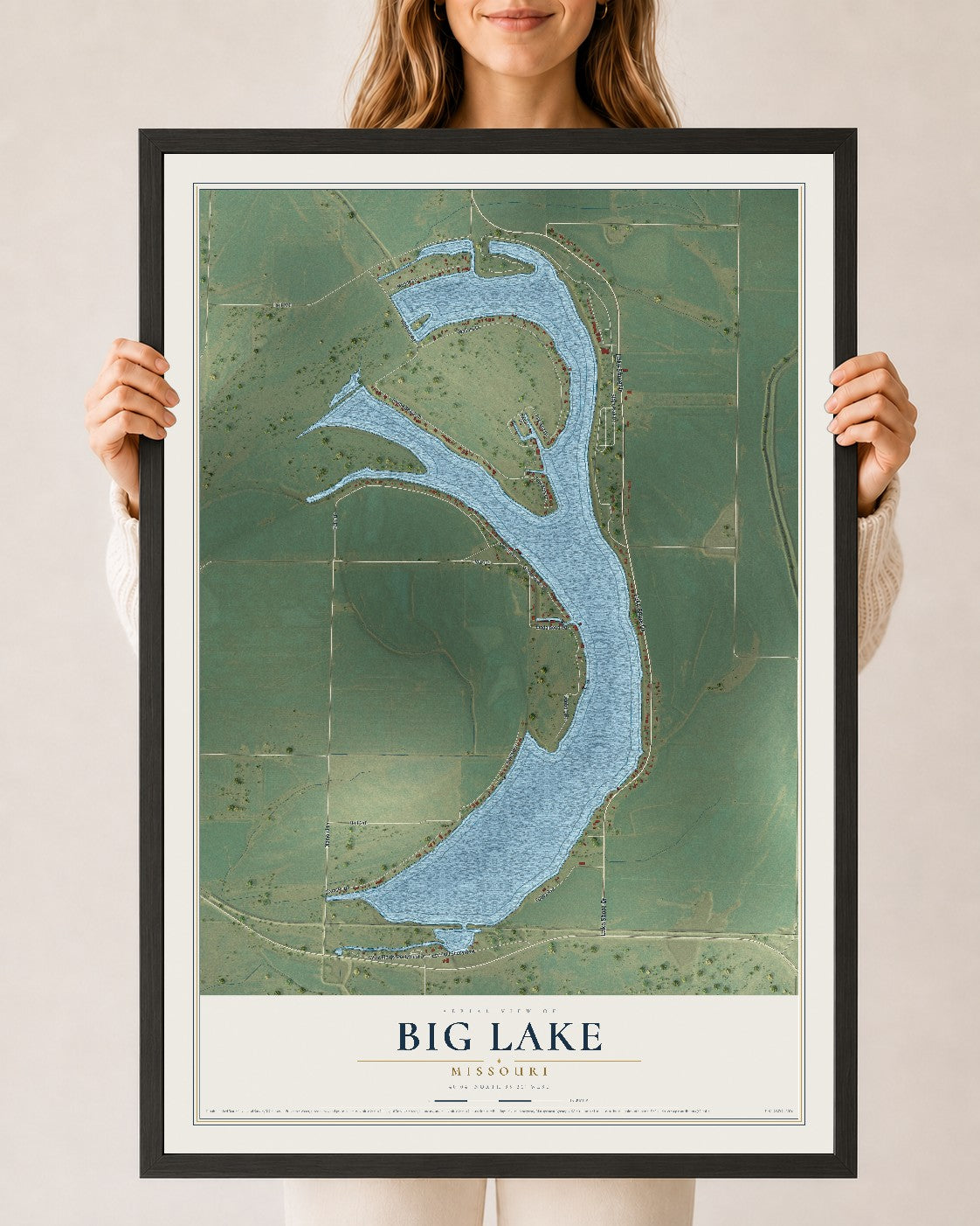 Map of Big Lake, Missouri, 24 x 36 inch print in a black wood frame