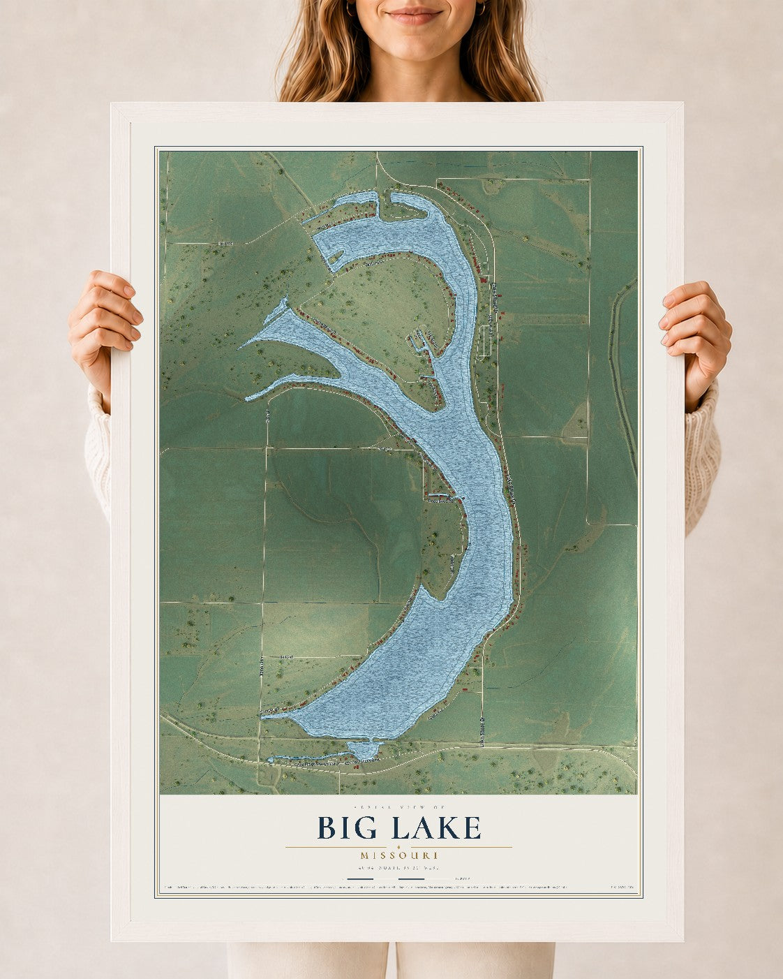 Map of Big Lake, Missouri, 24 x 36 inch print in a white wood frame