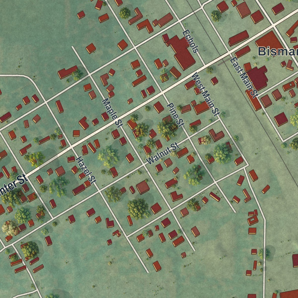 Second close-up of the map of Bismarck, Missouri print showing more streets and buildings