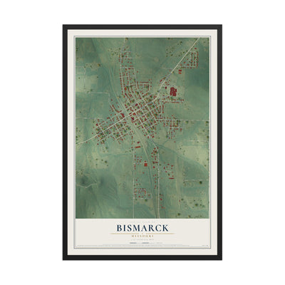 Map of Bismarck, Missouri, 12 x 18 inch print in a black wood frame