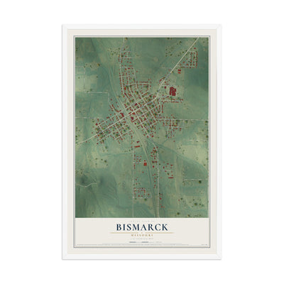 Map of Bismarck, Missouri, 12 x 18 inch print in a white wood frame