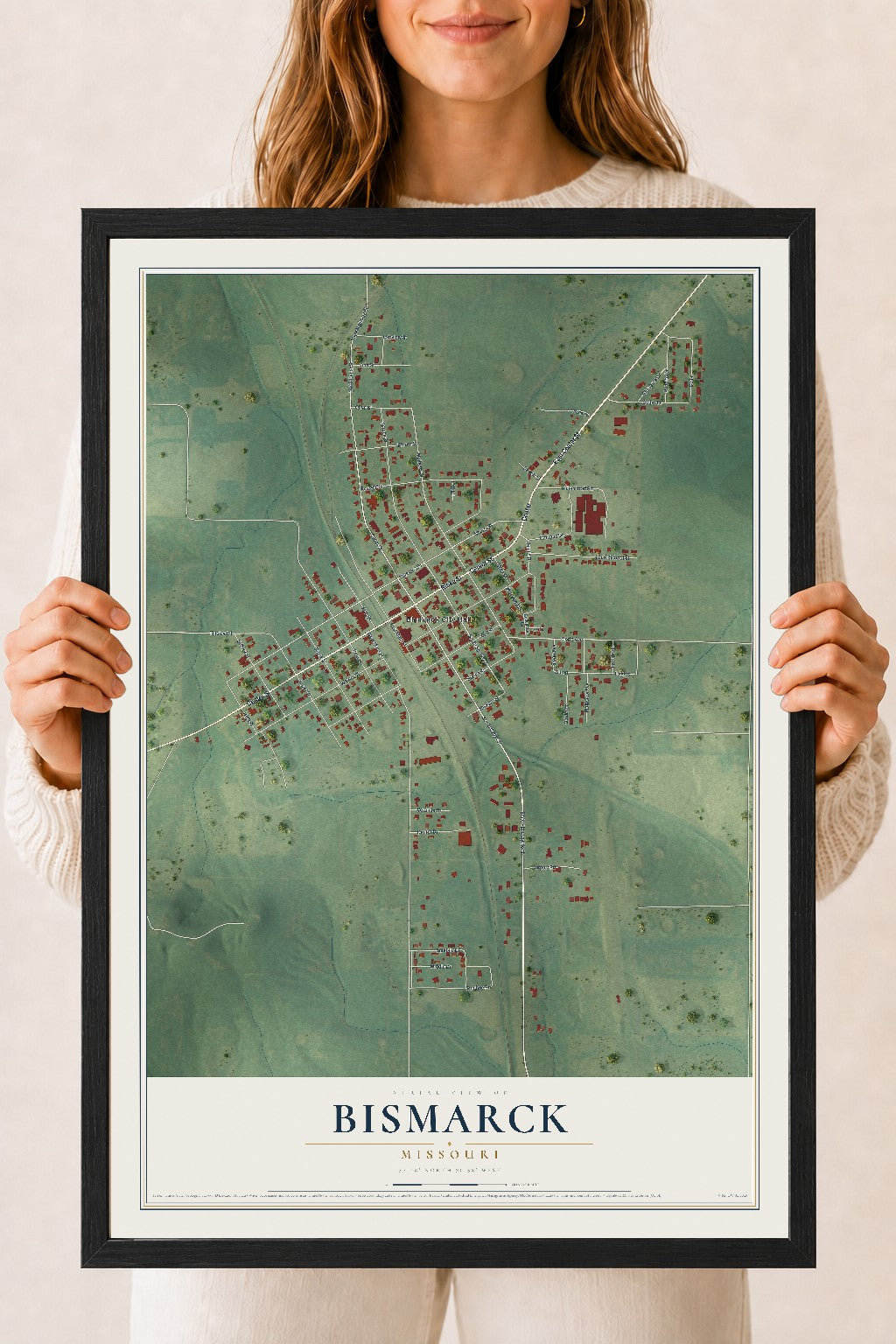 Map of Bismarck, Missouri, 18 x 24 inch print in a black wood frame
