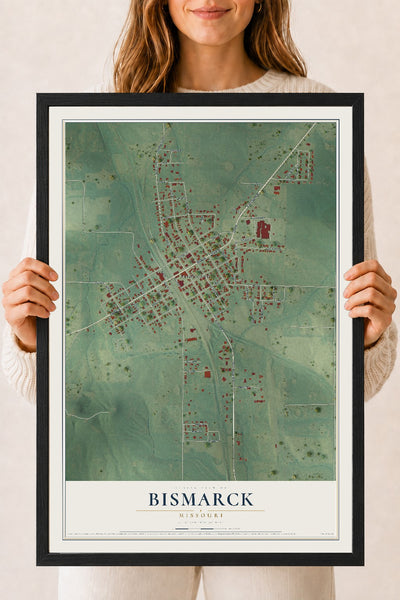 Map of Bismarck, Missouri, 18 x 24 inch print in a black wood frame
