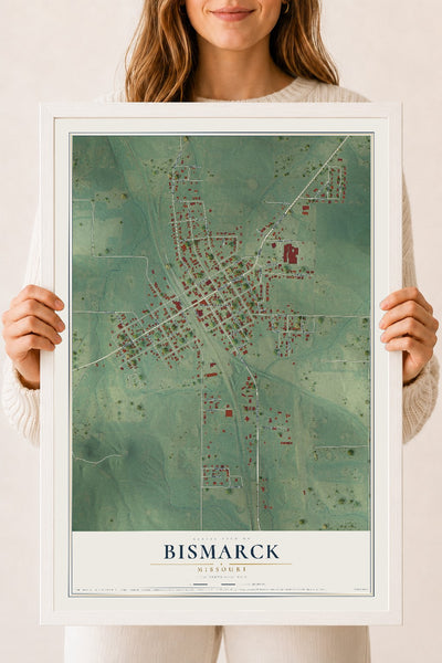 Map of Bismarck, Missouri, 18 x 24 inch print in a white wood frame