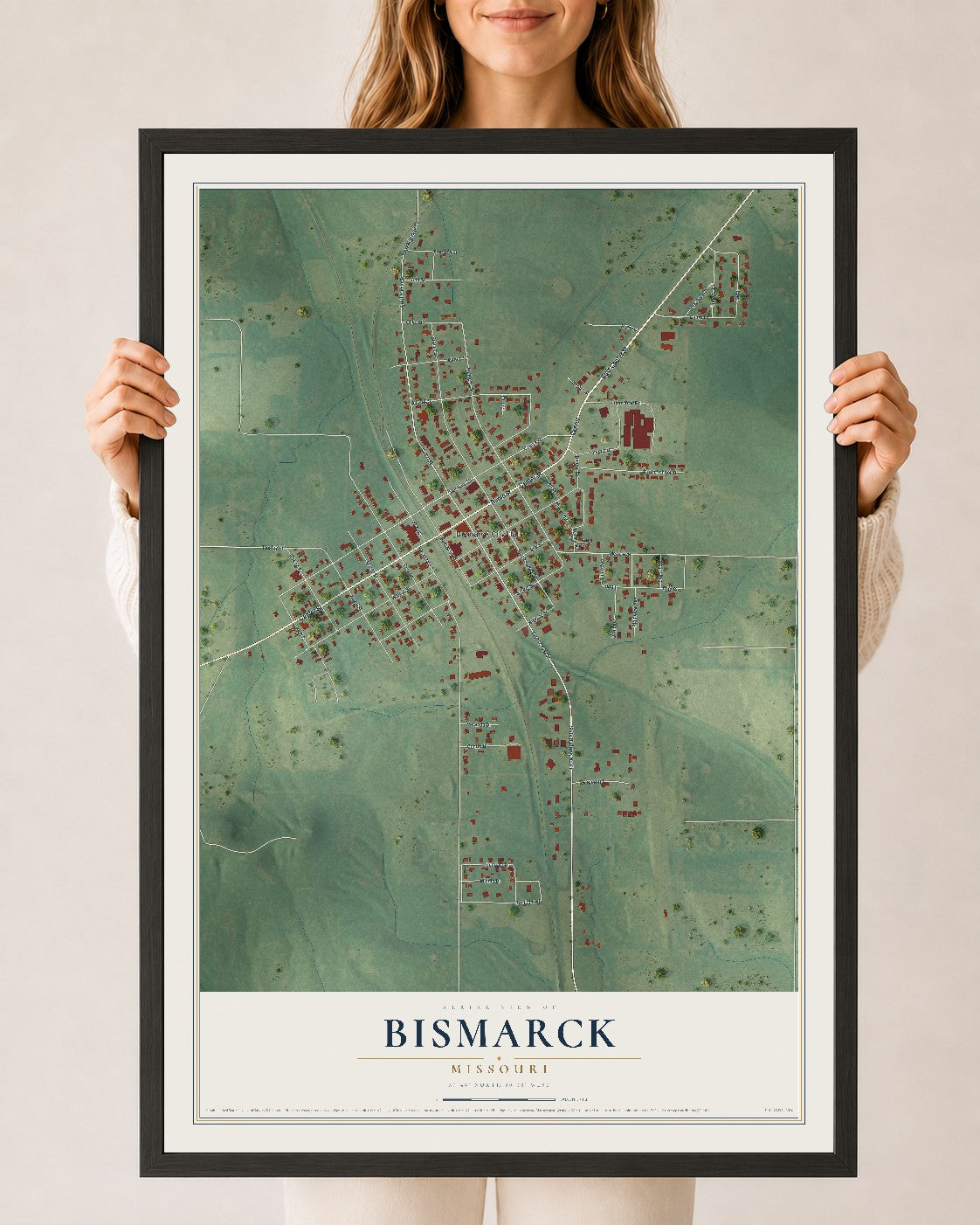 Map of Bismarck, Missouri, 24 x 36 inch print in a black wood frame