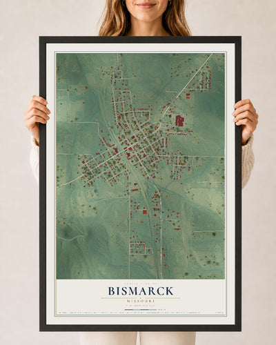 Map of Bismarck, Missouri, 24 x 36 inch print in a black wood frame