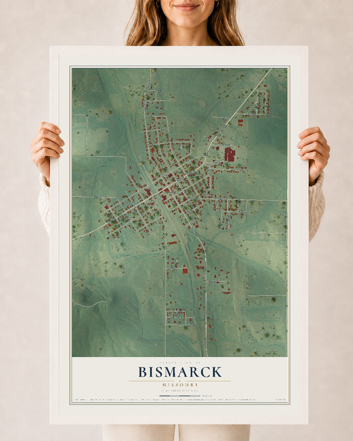 Map of Bismarck, Missouri, 24 x 36 inch print in a white wood frame