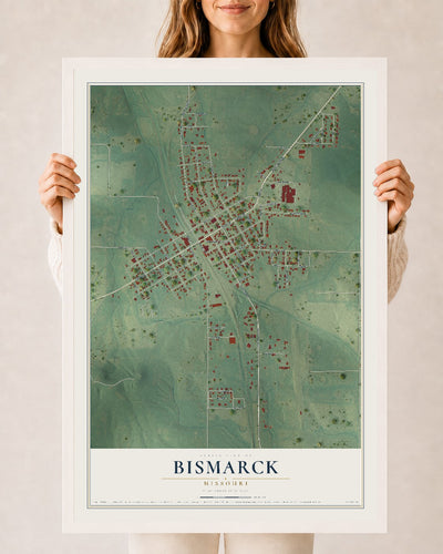 Map of Bismarck, Missouri, 24 x 36 inch print in a white wood frame