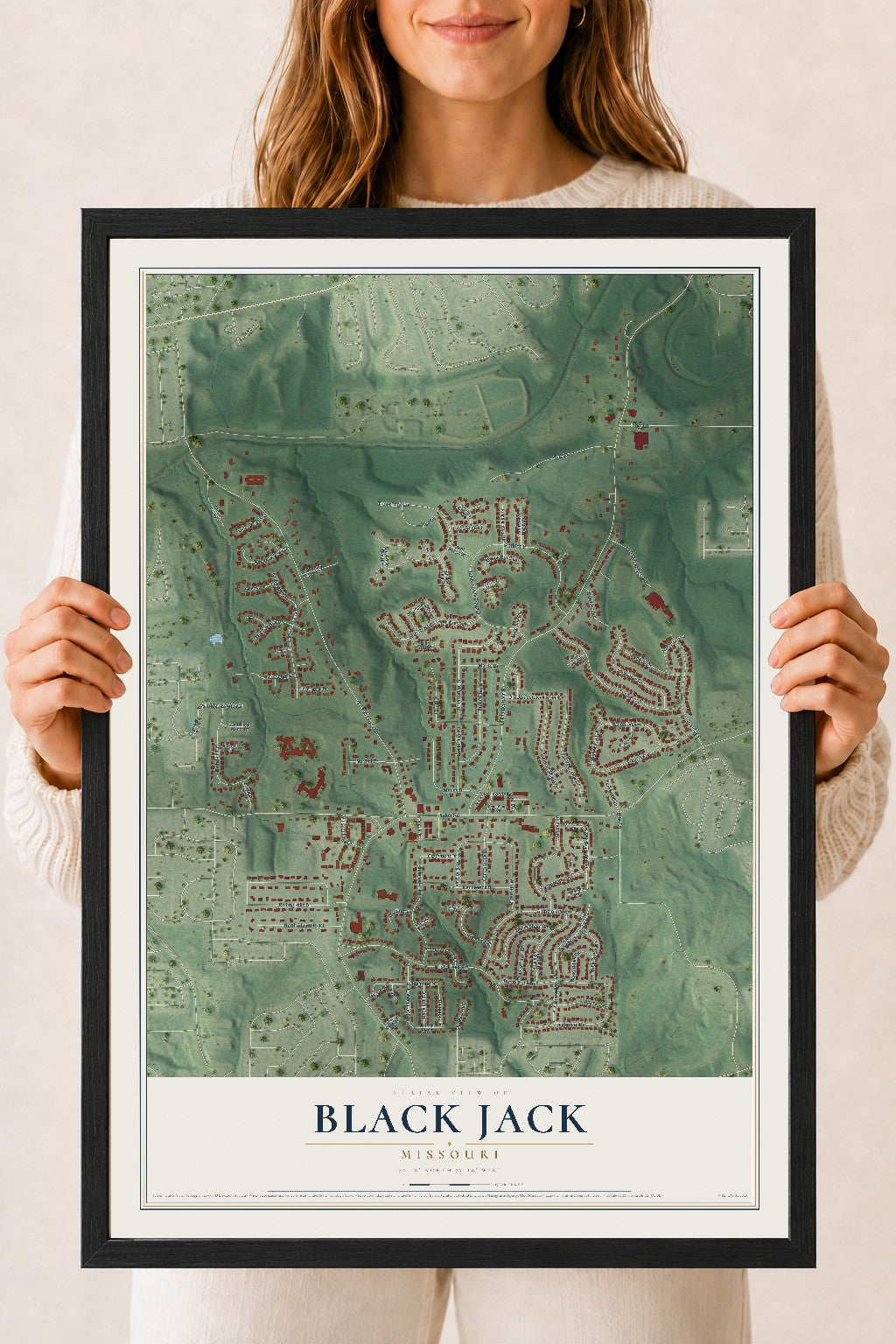 Map of Black Jack, Missouri, 18 x 24 inch print in a black wood frame