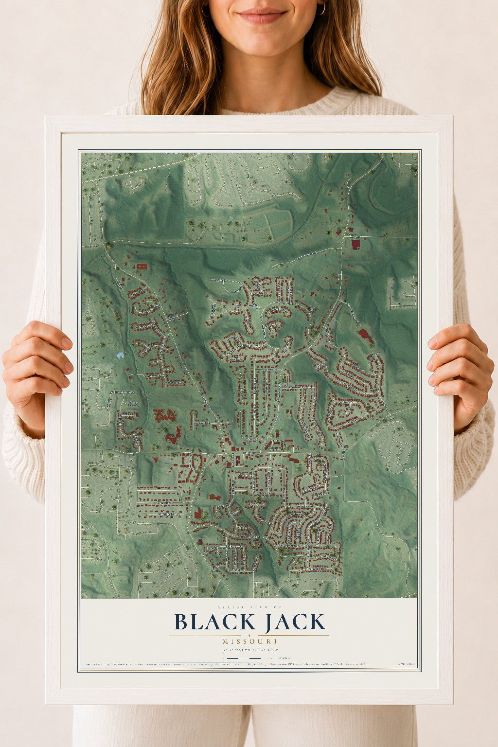 Map of Black Jack, Missouri, 18 x 24 inch print in a white wood frame
