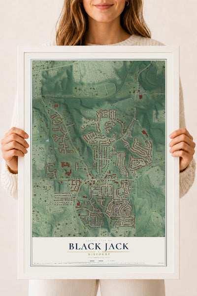 Map of Black Jack, Missouri, 18 x 24 inch print in a white wood frame