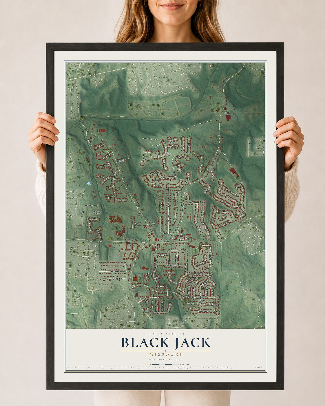 Map of Black Jack, Missouri, 24 x 36 inch print in a black wood frame